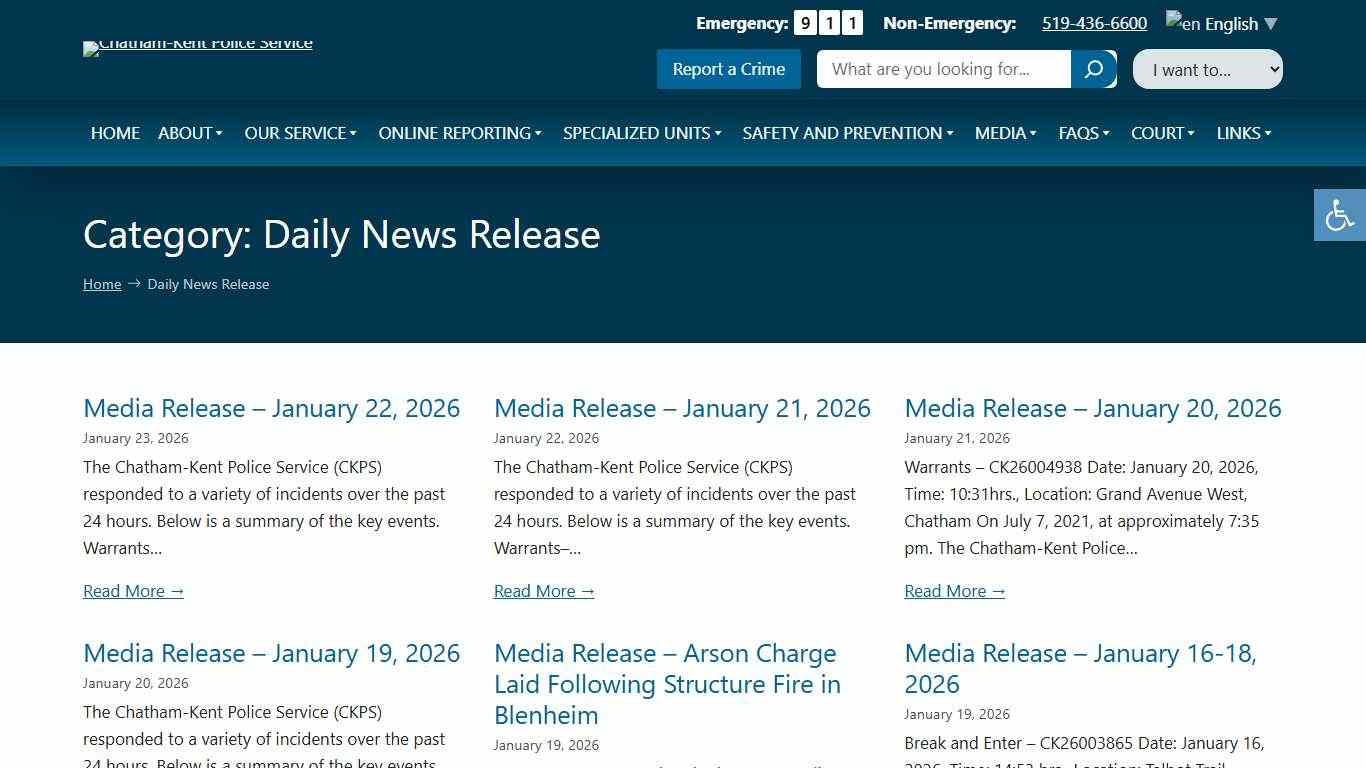 Daily News Release – Chatham-Kent Police Service